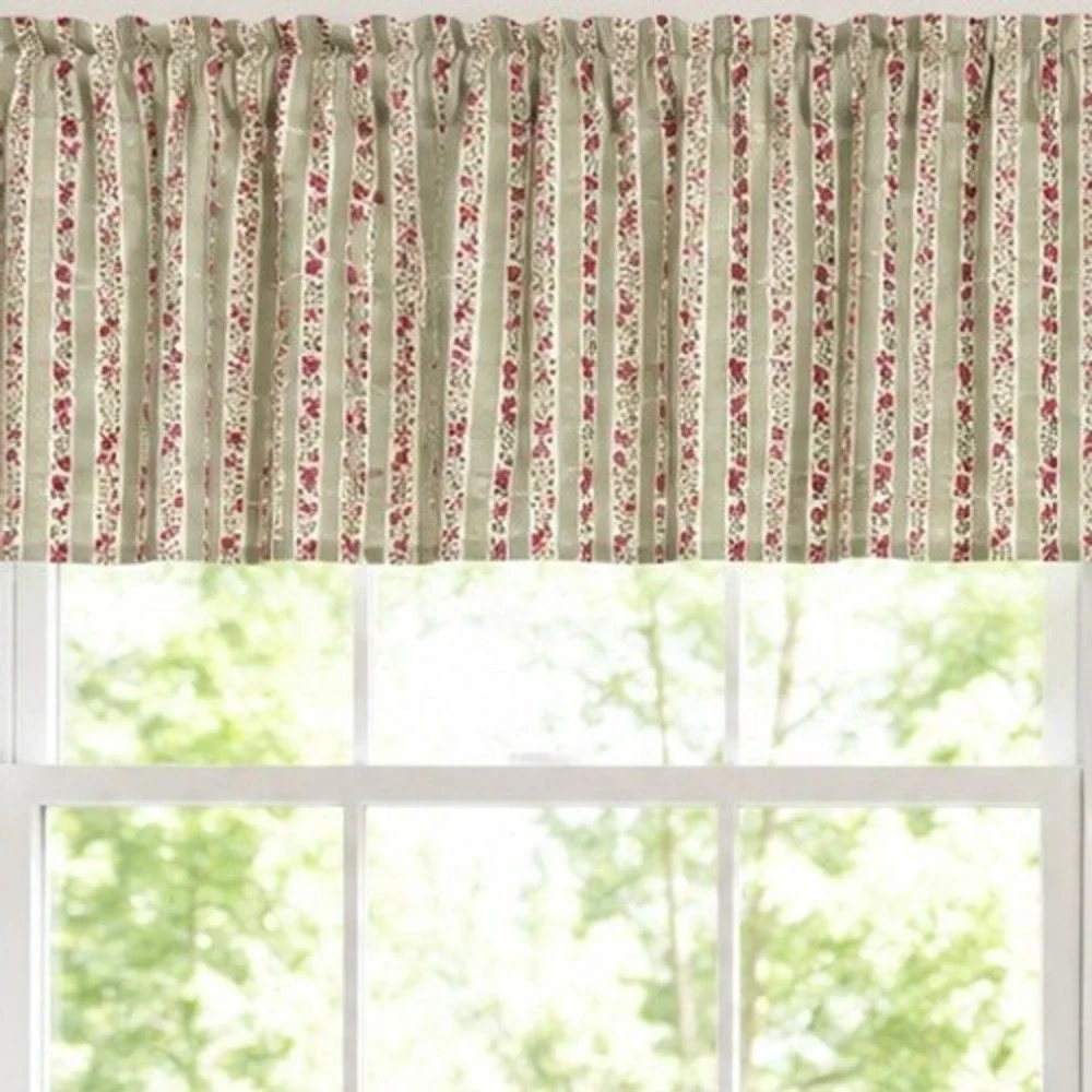 Pair Vintage Laura Ashley Cottage Rose Floral Stripe Valance Sage Green 82
